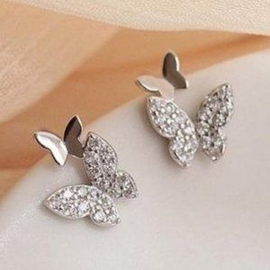 New 925 Sterling Silver Diamond Butterfly Earrings